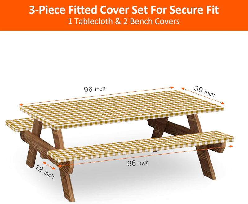 Photo 2 of (READ FULL POST) KENOBEE 8ft Picnic Table and Bench Fitted Cover, 60" Flannel Backing Elastic Edge Waterproof Wipeable Plastic Cover Fitted Vinyl Tablecloth for Home Goods Indoor Outdoor Patio, Coffee-White Checkered
