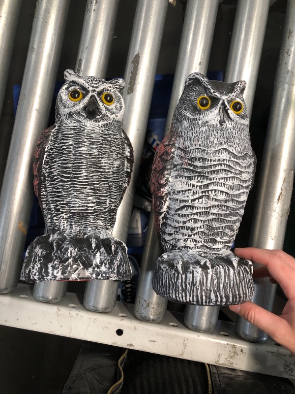 Photo 2 of (READ FULL POST) Hausse 2 Pack Fake Horned Owl Bird Scarecrow Decoy, Plastic Deterrents, Halloween Decoration, Nature Enemy Pest Repellent for Outdoor Garden Yard
