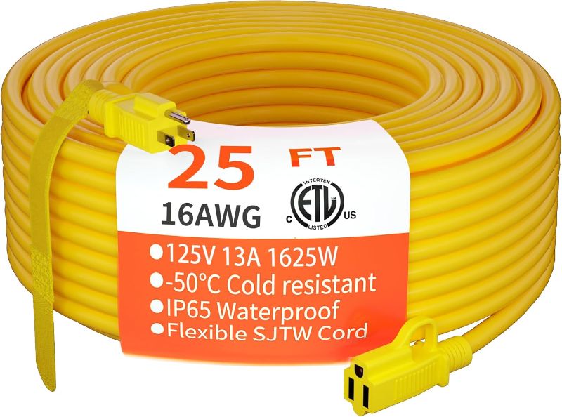 Photo 1 of  Indoor Outdoor Extension Cord 25 ft Waterproof, 16/3 Gauge Flexible Cold-Resistant Appliance Extension Cord Outside, 13A 1625W 16AWG SJTW, 3 Prong Heavy Duty Electric Cord Yellow, ETL