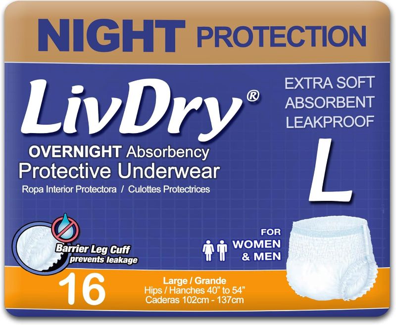 Photo 1 of (READ FULL POST) LivDry Adult Diapers Large Incontinence Underwear, Overnight, Leak Protection, 16-Pack
