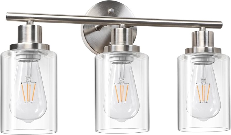 Photo 1 of ***STOCK PHOTO REFERENCE ONLY***3 Light Vanity Lights, Brushed Nickel Wall Sconce Light with Clear Glass, Bathroom Light Fixtures, Wall Lights for Mirror, Living Room, Bedroom, Hallway, E26 Base (Bulbs Not Included