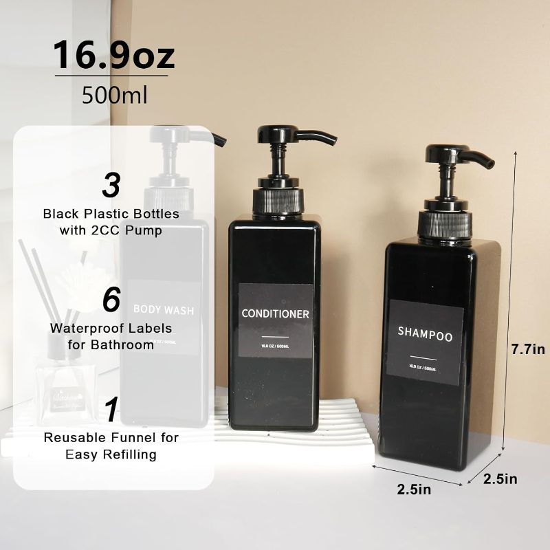 Photo 3 of (READ FULL POST) Shampoo and Conditioner Dispenser, Refillable Plastic Shampoo Pump Bottles with Waterproof Labels, Empty Body Wash Dispenser Set for Bathroom, Shower Soap Dispenser (Black, Set of 3, 16.9oz)