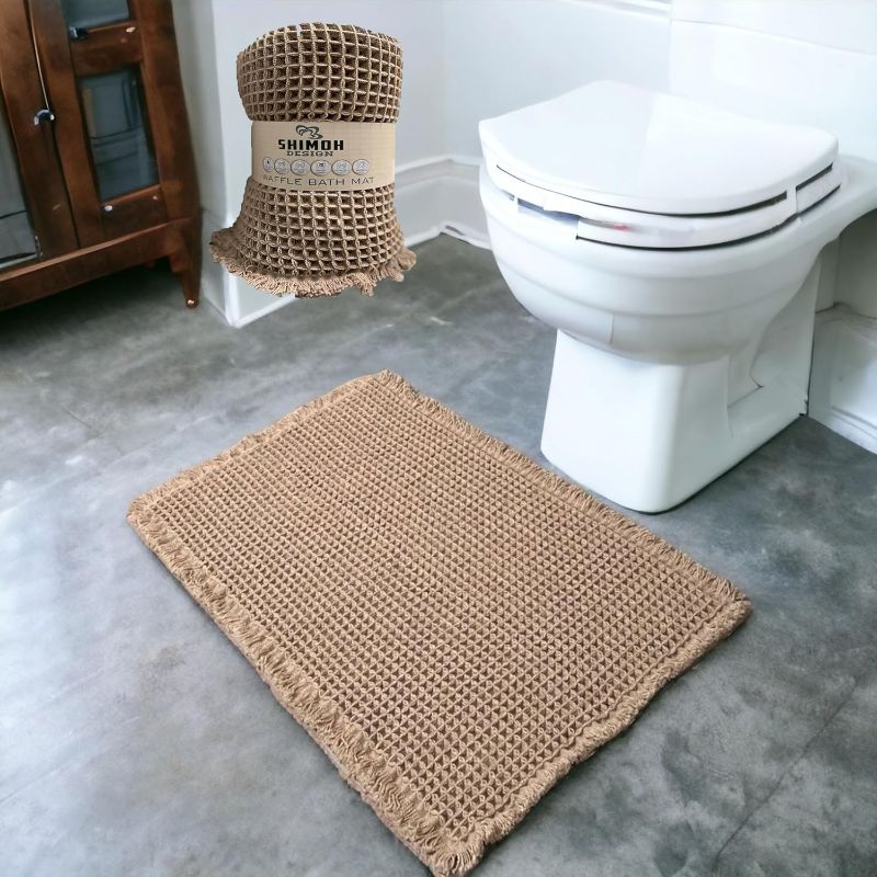 Photo 1 of (READ FULL POST) Waffle Bath Mat, Super Absorbent Non-Slip Bath Mats for Bathroom Floor, Machine Washable Bathroom Rugs with Tassels, Rubber Backed Bathroom Mats, Ultra Soft. (Brown, 18"X30")
