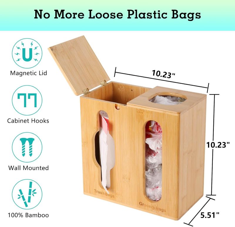 Photo 4 of (READ FULL POST) Grocery Bag Holder & Trash Bag Dispenser-2 in 1-Bamboo Plastic Bag Holder with Large Storage Capacity and Wall-Mounted Design, Grocery Plastic Bag Dispenser for Kitchen and Laundry Room Organization