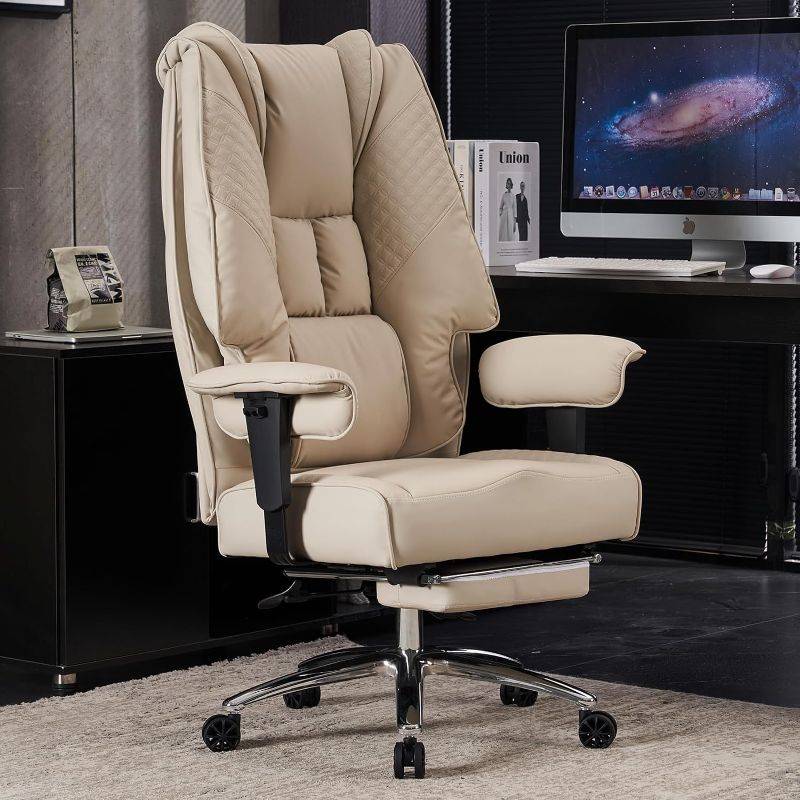 Photo 1 of ***FACTORY SEALED*** Big and Tall Office Chair 400lbs Wide Seat, Leather High Back Executive Office Chair with Foot Rest, Ergonomic Office Chair Lumbar Support for Lower Back Pain Relief (Beige)