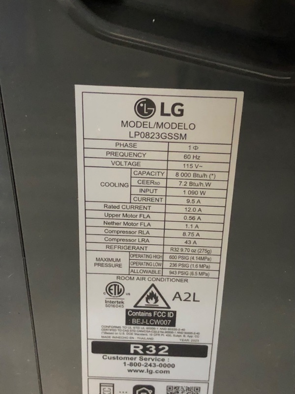 Photo 3 of ***USED - NOT FUNCTIONAL - SEE COMMENTS***
LG 8000 BTU (DOE) / (12000 ASHRAE) Portable Air Conditioners Cools 350 Sqft Easy Install & WiFi App Remote Eco-friendly, Quiet Small & Medium Room Air Conditioner AC Unit Home Gray LP0823GSSM