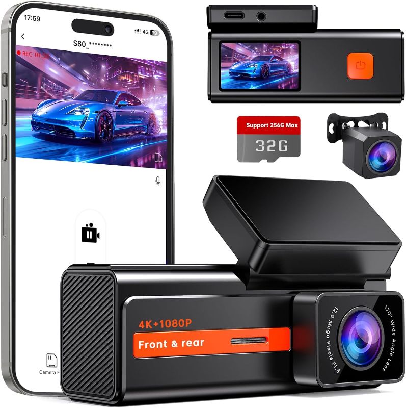 Photo 1 of ***STOCK PHOTO REFERENCE ONLY***
Dash Cam Front and Rear, Veement S80 4k+1080P Dual Dashcam for Cars, WiFi Mini Dash Camera,1.47” Display Car Camera,170°Wide, Night Vision, 24H Parking Mode, G-Sensor, App, 32GB Card Included
