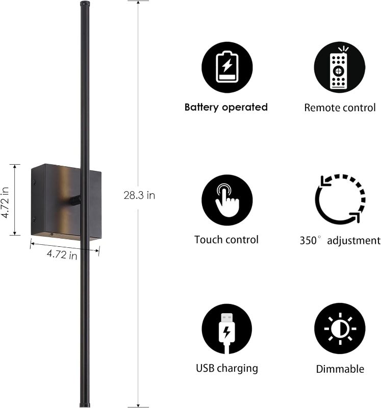 Photo 5 of (READ FULL POST) Battery Operated Wall Sconces with Remote Control, Dimmable Wall Sconces Set of Two, 350°Rotate, 3000K LED Black Wireless Wall Light for Living Room, Hallway, Bedroom, 28.3 Inch (2 Pack)
