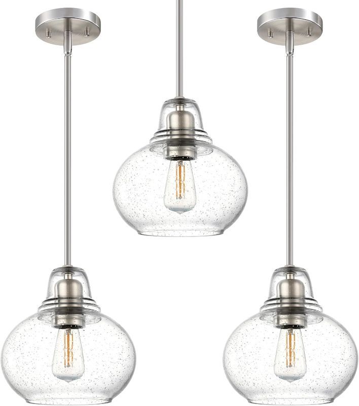 Photo 1 of ***FACTORY SEALED***SEENMING HOUSE 1 Light Hanging Indoor Kitchen Island Pendant Light 7.7" Hand Blown Glass Ceiling Light Fixtures,Modern Farmhouse Dinning Over Sink (Clear Glass, 3 Pack)