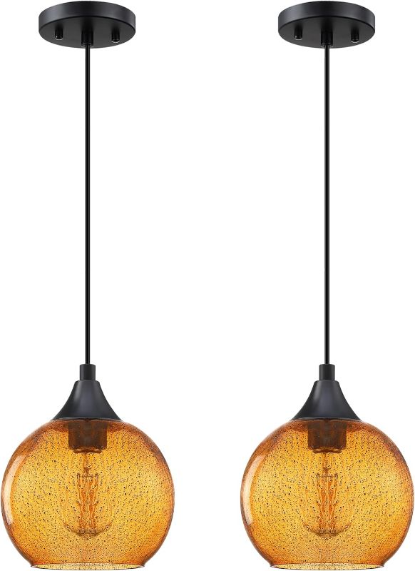 Photo 1 of (READ FULL POST) 1 Light 6.3" Hanging Indoor Kitchen Island Pendant Lights Black Seeded Glass Pendant Ceiling Light Fixtures Black Finish Farmhouse Dinning Over Sink (2 Pack, Ancient Black Seeded Amber Glass)
