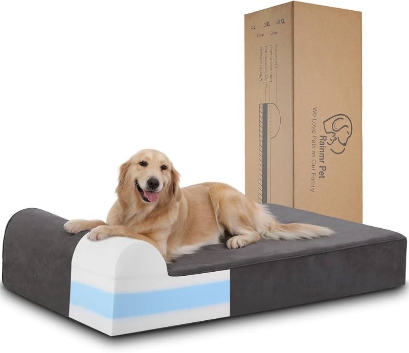 Photo 1 of ***FACTORY SEALED***7 inch Orthopedic Dog Bed for Large Dogs - Chew-Resistant & Washable Microsuede Cover/Waterproof Inner Case - with 4 inch Headrest Memory Foam Dog Bed (Large, Grey)