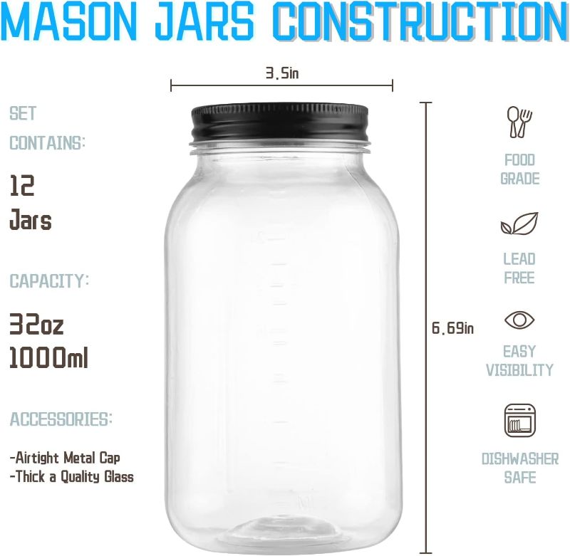 Photo 1 of (READ FULL POST) novelinks 32 OZ Clear Plastic Mason Jars with Lids - Dishwasher Safe Plastic Mason Jars 32 OZ Plastic Jars with Lids for Kitchen & Household Storage (12 Pack) (Black)