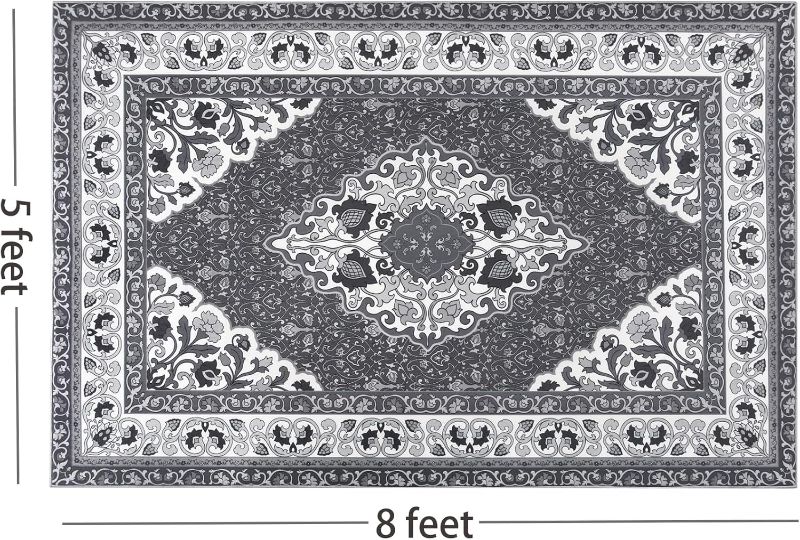 Photo 3 of (READ FULL POST) 5x8 Living Room Rug, Soft and Thin Area Rugs for Bedroom Nursery Dorm, Floral Print, Grey, Low Pile Flower Rug Home Decor
