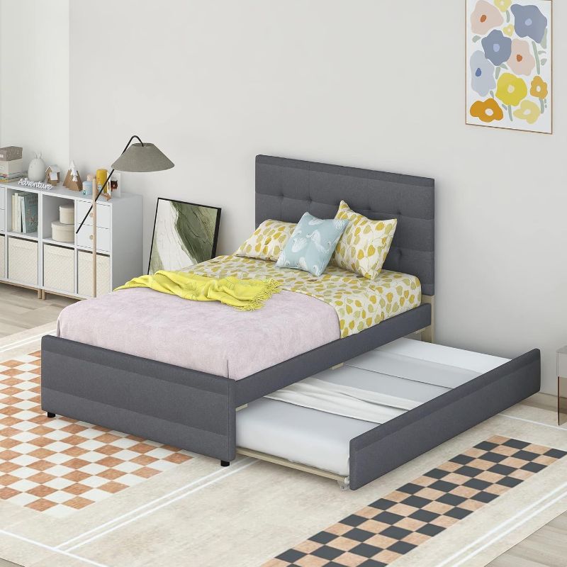 Photo 1 of ***similar item*** Full Bed with Trundle, Upholstered Platform Bed with Headboard Wood Platform Captain Bed Frame for Boys, Girls, Kids, Teens, Gray