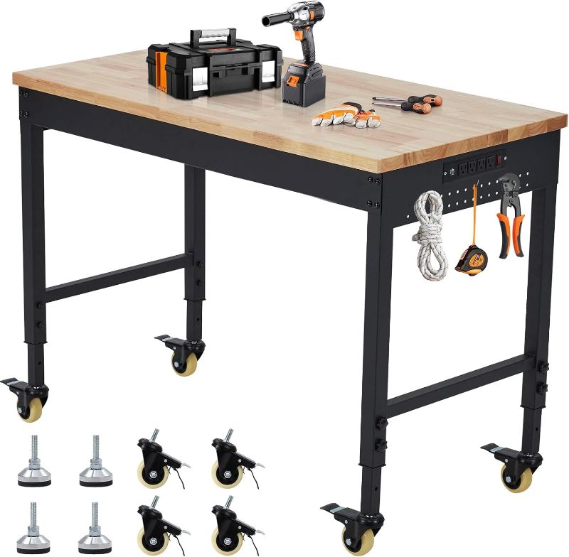 Photo 1 of *similar stock photo* Heavy-Duty Solid Wood Work Bench with Power Outlet and Wheels,2000lbs Load Capacity Adjustable Height Worktable for Garage for Workshop Home
