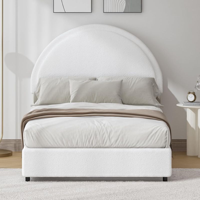 Photo 1 of *similar to stock photo* Twin Size Bed Frame, Upholstered Boucle Bed Frame with Headboard, Modern Twin Beds, Soft Arch Shaped Round Headboard, No Box Spring Required, Easy Assembly, White
