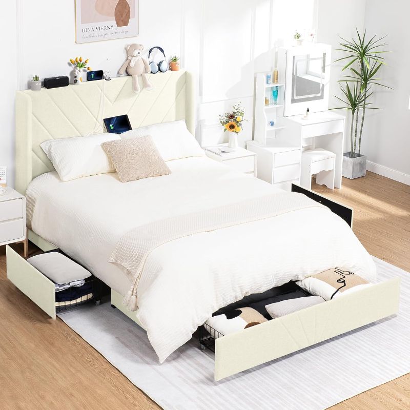 Photo 1 of *different color* COMHOMA Queen Bed Frame with 3 Storage Drawers, Bed Frame Queen Size with Upholstered Headboard, USB Charging Stations and Type-C Port, Noise-Free/Full Metal Support/No Box Spring Needed, White