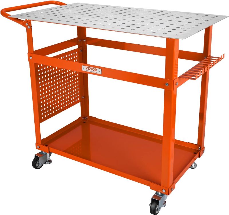 Photo 1 of *similar to stock photo* VEVOR Welding Table 36"x24", 600lbs Load Capacity Steel Welding Workbench Table on Wheels, Portable Work Bench with Double-Layer Storage Board, 5/8-inch Fixture Holes, 11 Hooks
