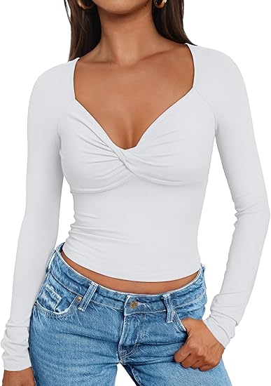 Photo 1 of ***similar*** Trendy Queen Womens Twisted Knot Long Sleeve T Shirts V Neck Basic Tee Cute Slim Tight Going Out Y2k Crop Fall Fashion Tops