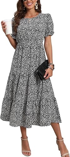 Photo 1 of ***same brand, similar item*** GRECERELLE Women's 2024 Spring Summer Casual Loose Crewneck Boho Dress Ruffle Puff Sleeve High Waist Midi Dress LARGE