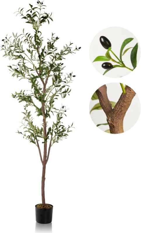 Photo 1 of Artificial Olive Tree 7FT Tall Indoor Plant, Silk Faux Olive Tree for Home and Office Decor, Fake Potted Olive Tree with Natural Wood Trunk and Lifelike Fruits, 1 Pack
