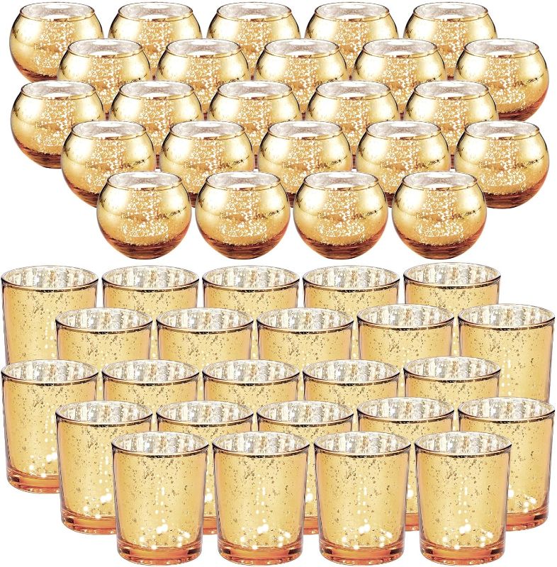 Photo 1 of 48 Pcs Votive Candle Holders Mercury Glass Candle Holder Tea Lights Candles Holders for Wedding Party Bridal Shower Anniversary Valentine's Day Table Centerpieces Decorations, 2 Styles (Gold)