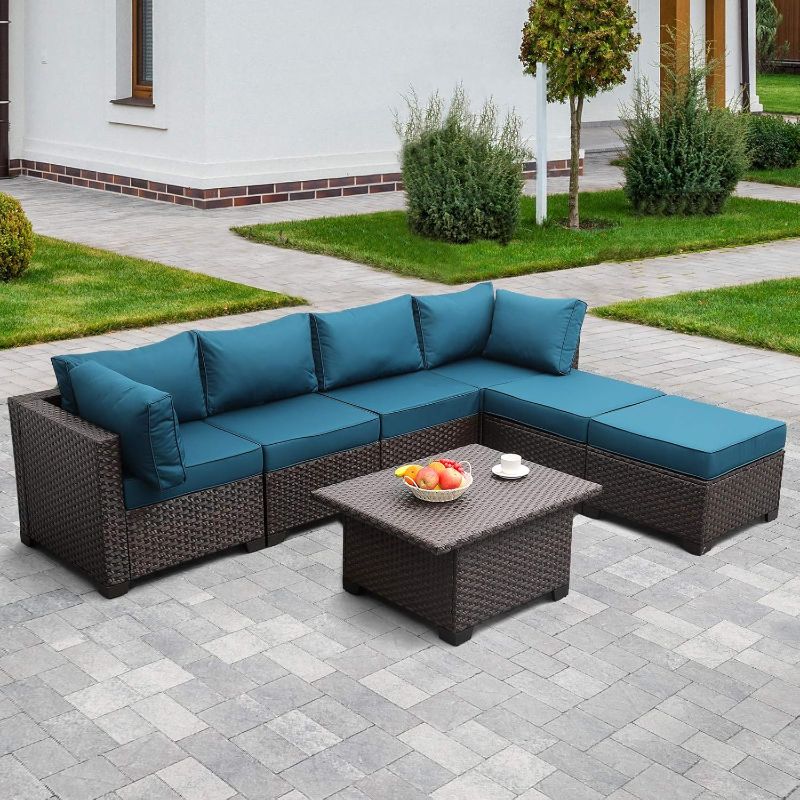 Photo 1 of ***NOT EXACT****
Outdoor Patio Dark Brown Rattan 7 Piece Sectional Set PE Wicker Conversation Sofa with Liftable Storage Table, Non-Slip 5" Thick Peacock Blue Cushion and Furniture Cover
