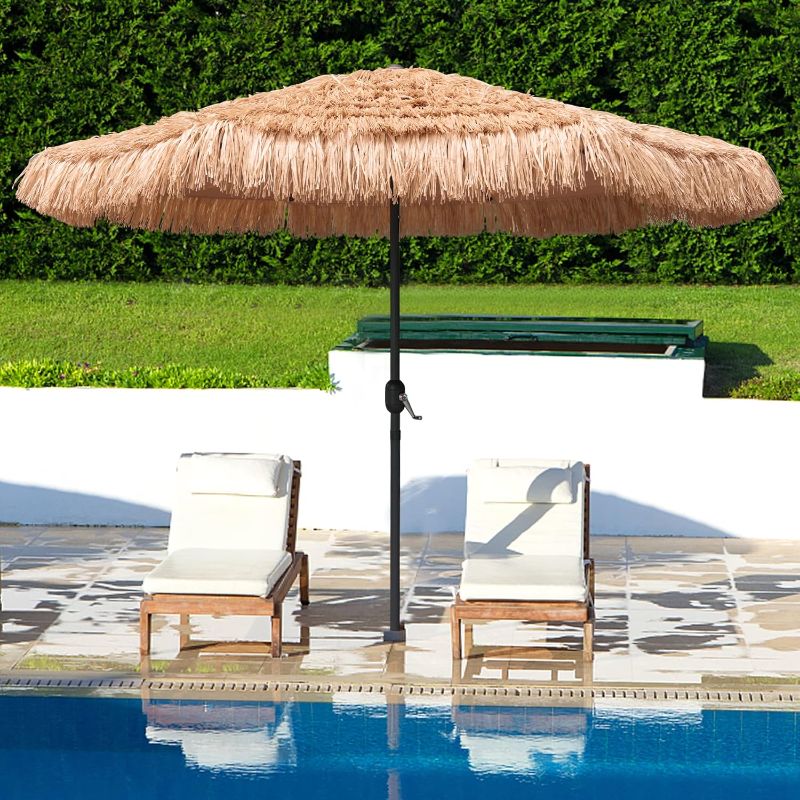 Photo 1 of AMMSUN 9ft Hula Thatched Tiki Umbrella Hawaiian Style Beach Patio Umbrella and 8 Ribs with Crank Lift UPF 50+ Outdoor Tiki Bar, Tropical Palapa, Patio Garden Beach Pool Backyard Natural Color
