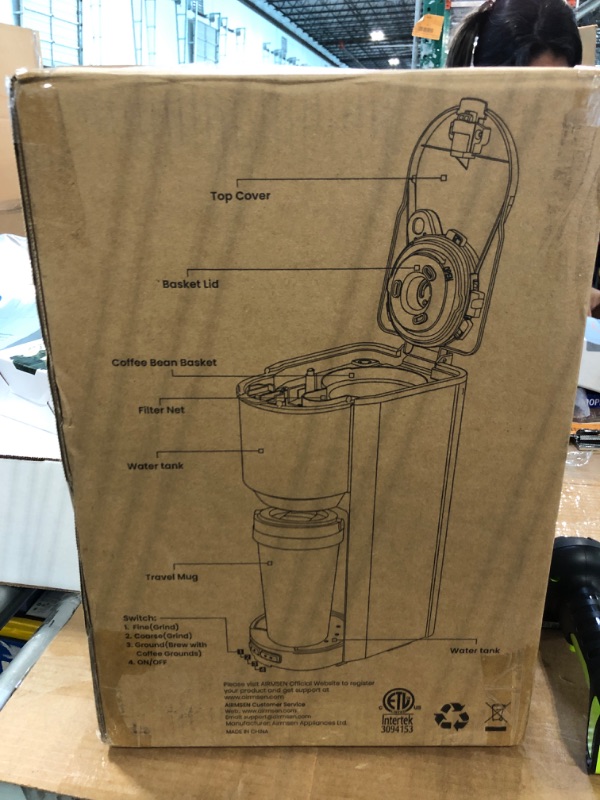 Photo 2 of AIRMSEN Single Serve Coffee Maker with Grinder, Grind and Brew All in One - 6-16 Oz Single Cup Coffee Machine with 19 oz Travel Mug - Adjustable Drip Tray, Overheat Protection
