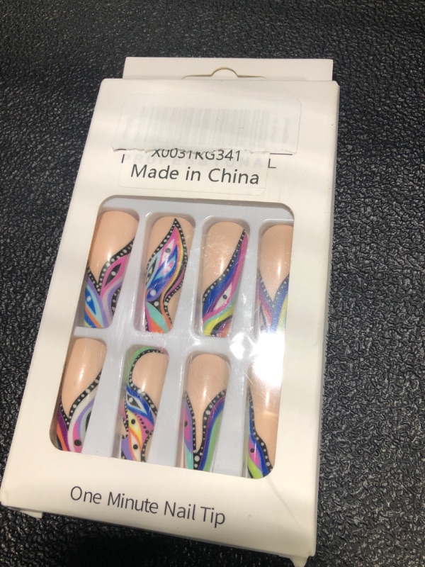 Photo 2 of 24Pcs Press on Nails Long Coffin Fake Nails Acrylic Press on Nails False Nails with Colorful Swirl Designs Stick on Nails Artificial Nails for Women