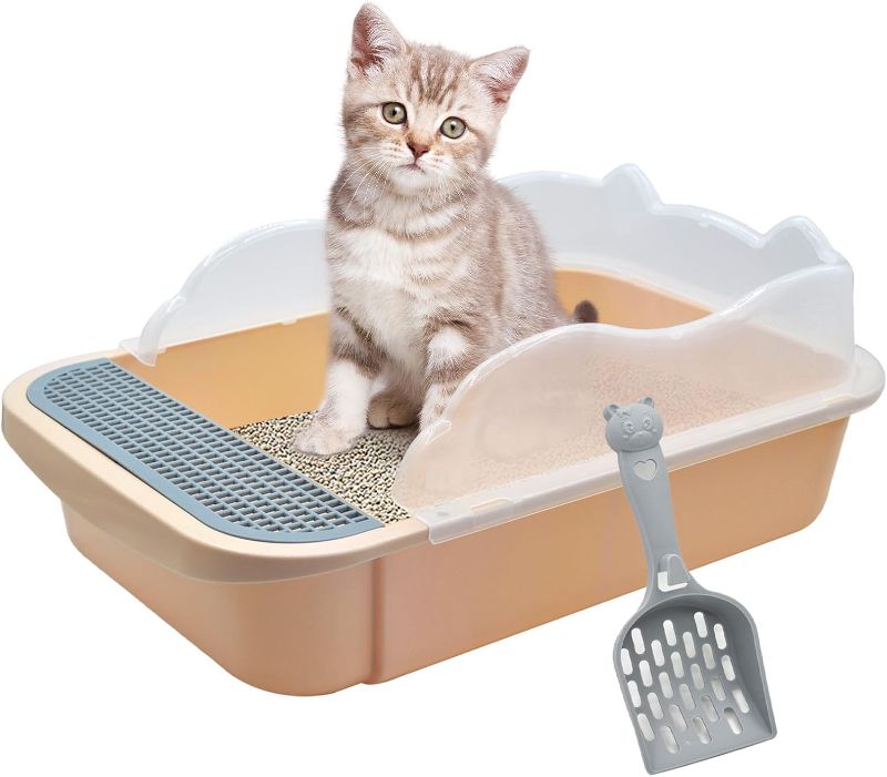 Photo 1 of  kathson Open Cat Litter Box with High Side,Anti-Splashing Cats Litter Pan Semi-Enclosed Removable Cats Litter Boxes with Litter Sifting Scoop Open Top Kitty Toilet for Easy to Clean(Khaki)