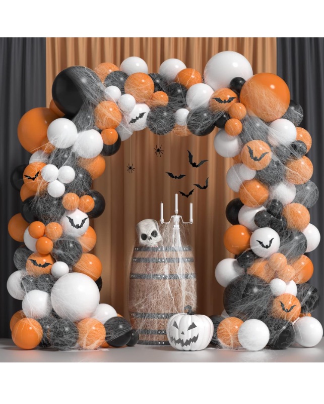 Photo 1 of 139 Pack Halloween Balloon Arch Garland Kit, Orange Black White Balloons Balloons Set with 3D Bat Sticker Spider Web for Halloween Party Decorations Baby Shower Birthday Party