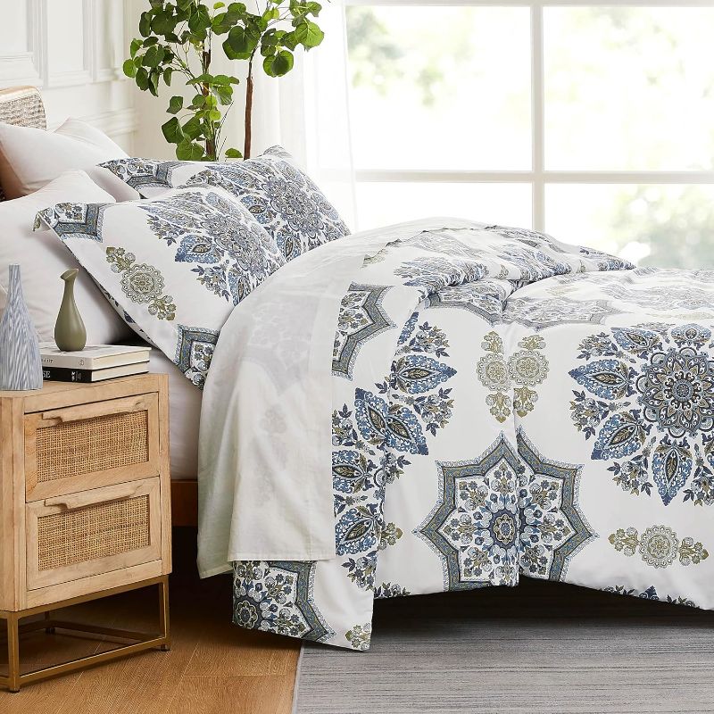 Photo 1 of  Oversized King Size Comforter Bedding Set, Down Alternative Boho Bedspread, Paisley Floral Print Comforter, King/California King with 2 Matching Shams, Blue on White https://a.co/d/bQ4773v