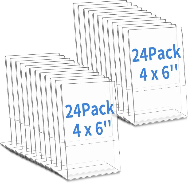 Photo 1 of 24 Pack Acrylic Sign Holder Slant Back Sign Holder Stand Plastic Paper Holder Clear Display Stand Table Top Sign Holders for Office Home Store Restaurant (4 x 6 Inch)
