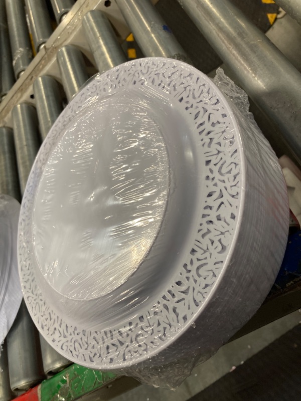 Photo 3 of ***FACTORY SEALED***
supernal 50 pcs Plastic Silver Plates, 10.25" Big Party Dinner Plates, White Plastic Plates with Silver Rim?Silver Plastic Plates for Party or Wedding, Silver Lace Plates