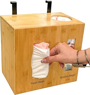 Photo 1 of **  SAND COLORED**Grocery Bag Holder & Trash Bag Dispenser, Large 2-in-1, Extra Depth Fits 13 Gallon Rolls, Under Sink, Wall Mounted, Pantry, Bamboo
