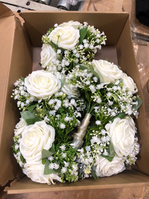 Photo 1 of Artificial Bridesmaid Bouquet Set of 6 - 7 Inch Ivory White Rose Bridesmaid Flower Bouquets Babys Breath Pre-made Silk Wedding Bouquet for Bridal Shower Wedding Centerpiece Ceremony and Anniversary