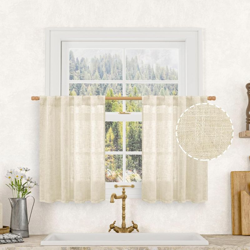 Photo 1 of *Similar Items* Window Linen Curtains 36 Inch Length 2 Panels, Beige Light Filtering Panels Back Tab and Rod Pocket Neutral Drapes for Bathroom/Loft Room, 34 x 36 Inch