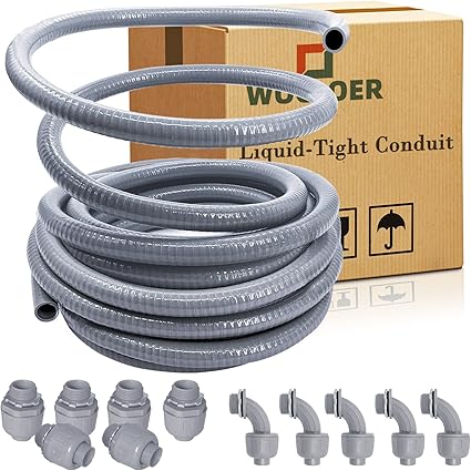 Photo 1 of 1/2 Inch 100 Feet Liquid Tight Conduit Kit, Non-Metallic Flexible Electrical Conduit, with 6 Straight and 5 Angle Fittings Included. 1/2" Diameter