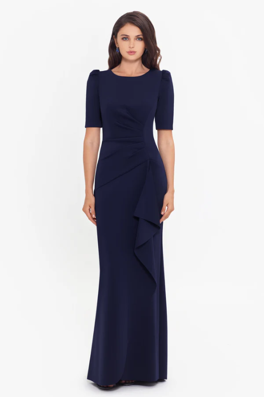 Photo 1 of Betsy & Adam Women's Long Stretchy 3/4 Sleeve Cowl Neck Drape Back Gown, Navy 12