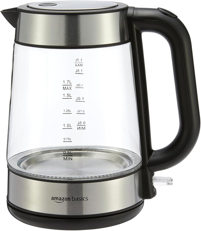 Photo 1 of Amazon Basics Glass Carafe Electric Hot Water Kettle, 1.8 Quarts (1.7L), 1500W, BPA-Free, Black and Silver