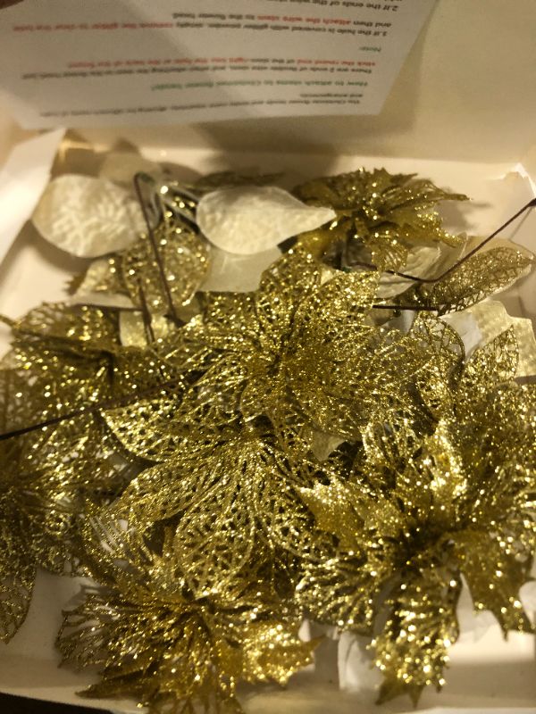 Photo 1 of 24 Pcs 4 Styles Christmas Gold Metallic Mesh Glitter Artificial Poinsettia Flower Stems Tree Ornaments in Box for Gold Christmas Tree Wreaths Garland Floral Gift Winter Wedding Holiday Decoration