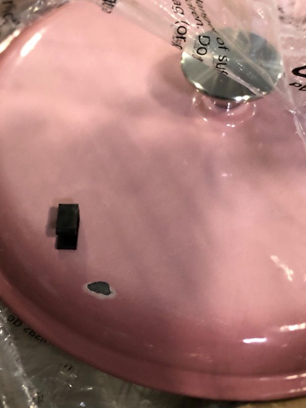 Photo 1 of ****LID IS CHIPPED, FINAL SALE****
Amazon Basics Cast Iron Dutch Oven Pot with Lid, Enameled, Round, Dual Handles, Heavy-Duty, Medium, 6-Quart, Light Pink