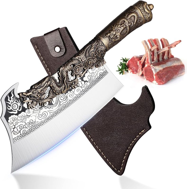 Photo 2 of **WILL NEED CLEANING PRIOR TO USE*. ROCOCO 2lb Dragon Butcher Knife Heavey Duty Cleaver Knife for Meat Bone Cutting 9.5" Cool Big Viking Camping Chopper Cutter with Sheath Birthday Father Mother Christmas Gift Idea Men