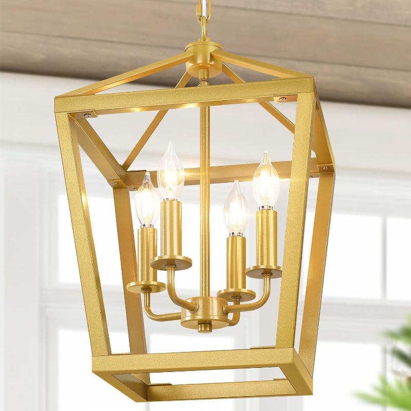 Photo 1 of Gold Chandelier 4-Light, Farmhouse Pendant Light Fixture Adjustable Height, Modern Dining Room Light Fixture, Lantern Ceiling Hanging Lighting with Metal Cage for Kitchen Island Entryway Foyer