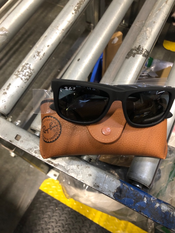 Photo 1 of Ray-Ban RB4165 Justin Rectangular Sunglasses, Rubber Black/Polarized Dark Blue, 55 mm + 0