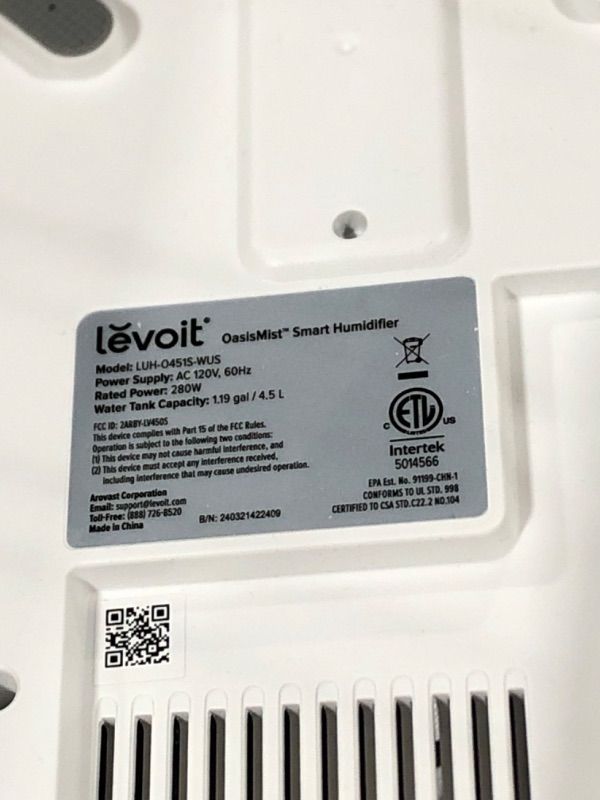 Photo 4 of ****NEEDS CLEANING****
LEVOIT Humidifiers for Bedroom Home, Smart Warm and Cool Mist Air Humidifier for Large Room, Auto Customized Humidity, Fast Symptom Relief, Easy Top Fill, Essential Oil, Quiet, OasisMist4.5L, White