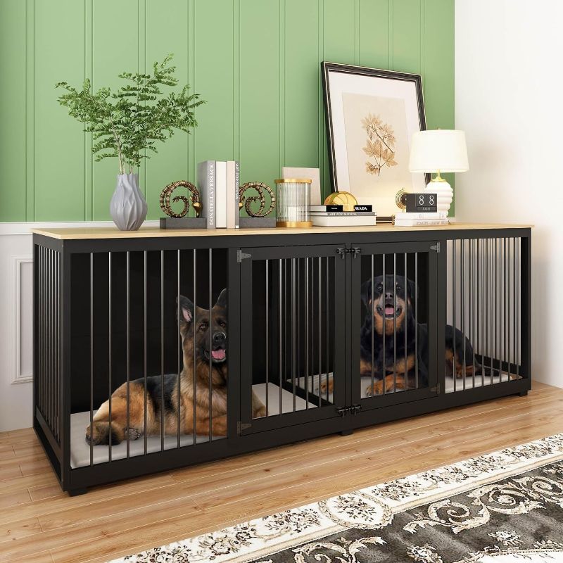 Photo 1 of 94.5" Extra Large Dog Crate Furniture, Heavy Duty Dog Kennel with a Removable Divider, Indoor Furniture Style Dog Crate House TV Stand with Double Rooms for Large Medium Breed Dogs, Black