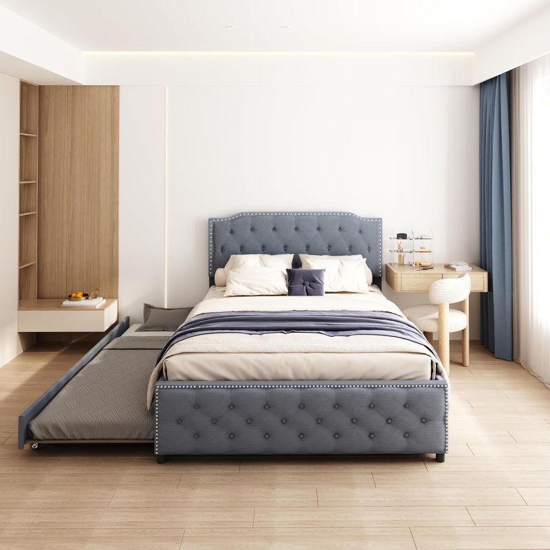Photo 1 of ***PARTIAL SET***
Upholstered Full Platform Bed with Trundle and Drawers, Tufted Button Soft Fabric Bedframe for Bedroom, Living Room, Office, No Box Spring Needed, Grey
