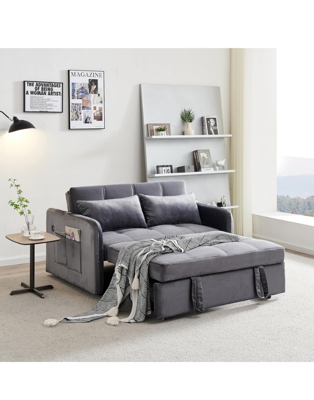 Photo 1 of 55'' Velvet Sofa Bed, Pull Out Sleeper Sofa Couch Bed, Loveseat Couch Bed, Futon Sofa Bed with USB Charging Ports, Convertible Sofa Bed for Living Room, Apartment, Bedroom, RV, Grey

2BOXES!!!!